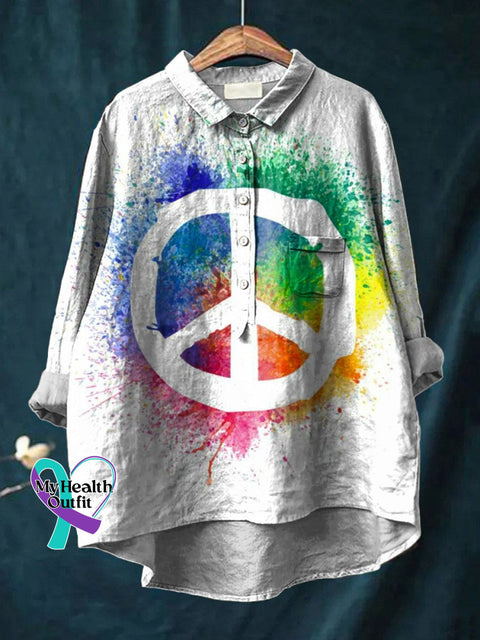 Vintage Peace And Love Art Print Casual Cotton Linen Shirt White / S