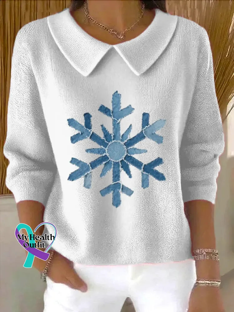 Vintage Snowflake Art Print Casual Peter Pan Collar 3/4 Sleeve Sweat White / S