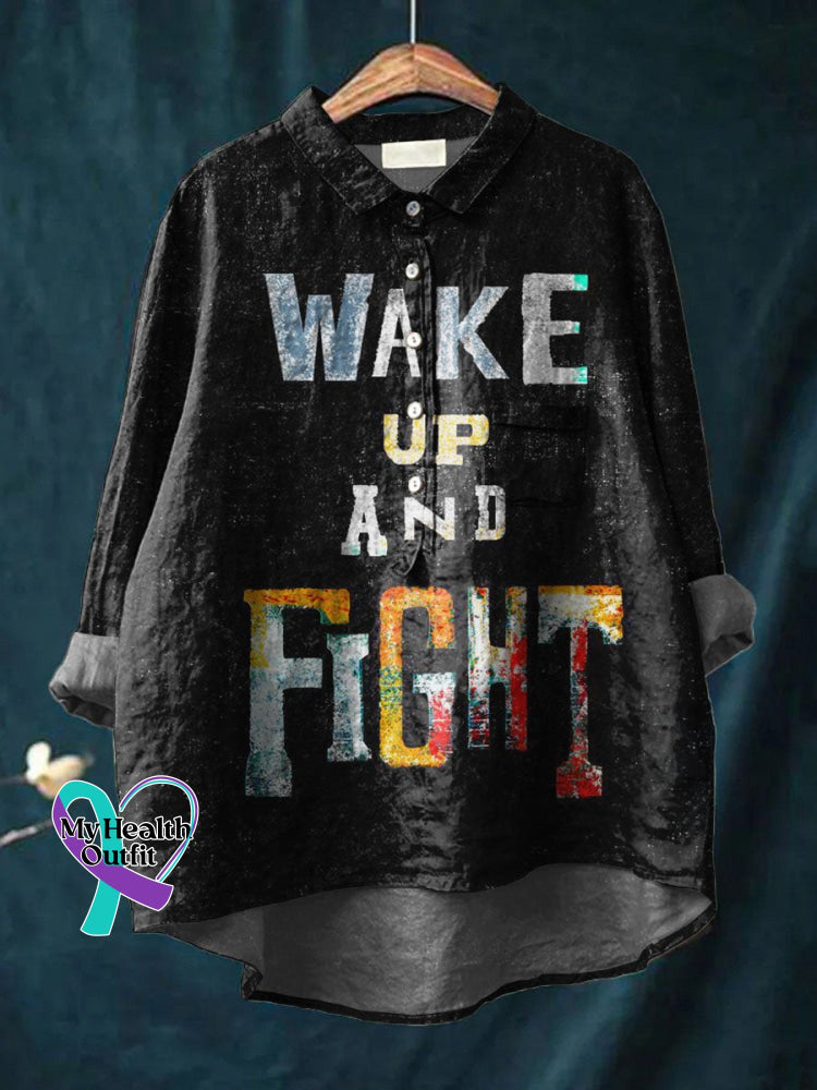 Wake Up And Fight Art Print Casual Cotton Linen Shirt Black / S