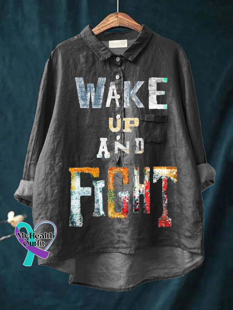 Wake Up And Fight Art Print Casual Cotton Linen Shirt Grey / S