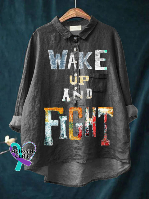 Wake Up And Fight Art Print Casual Cotton Linen Shirt Grey / S