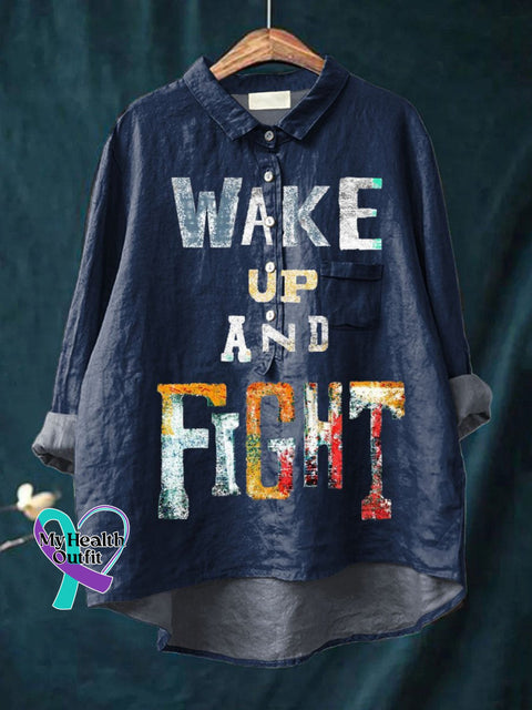 Wake Up And Fight Art Print Casual Cotton Linen Shirt Navy / S