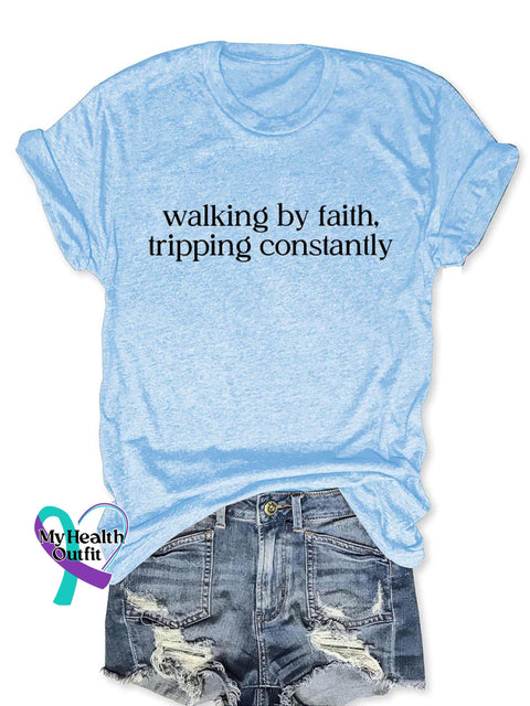 Walking By Faith Tripping Constantly Art Print Casual Cotton T-shirt Blue / S