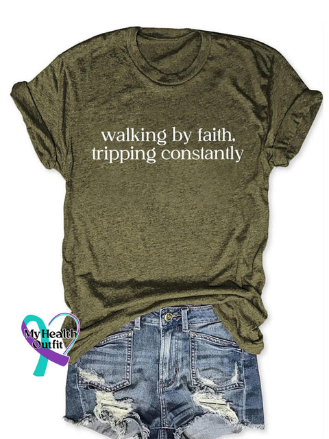 Walking By Faith Tripping Constantly Art Print Casual Cotton T-shirt Green / S