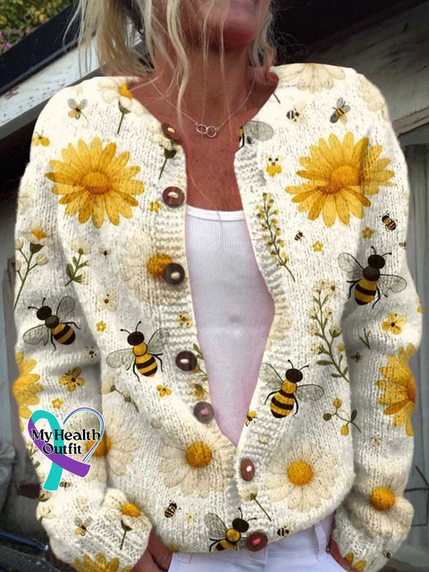 ❤️Warm Gift❤️Women’s Bee Flower Print Buttoned Cardigan Sweater Multicolor / S
