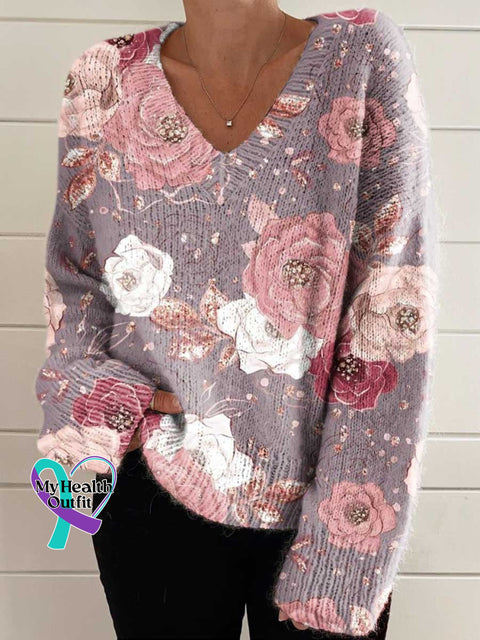 ❤️Warm Gift❤️Women’s Pink Breast Cancer Awareness Flowers Casual V-Neck Pullover Knit Multicolor / M