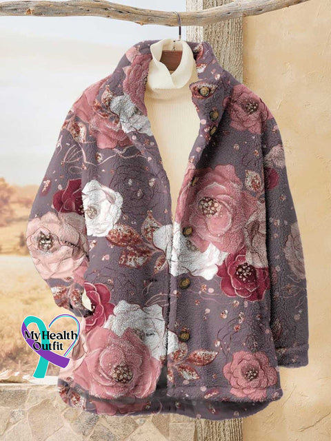 ❤️Warm Gift❤️Women’s Pink Breast Cancer Awareness Flowers Casual Sherpa Coat Cardigan Multicolor / S