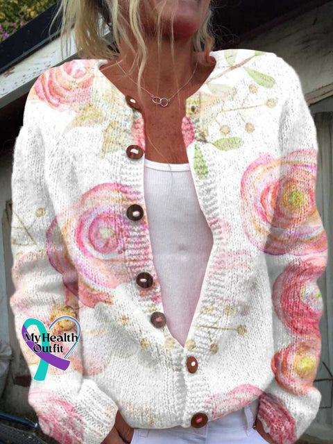 ❤️Warm Gift❤️Women’s Pink Breast Cancer Awareness Flowers Print Buttoned Cardigan Sweater