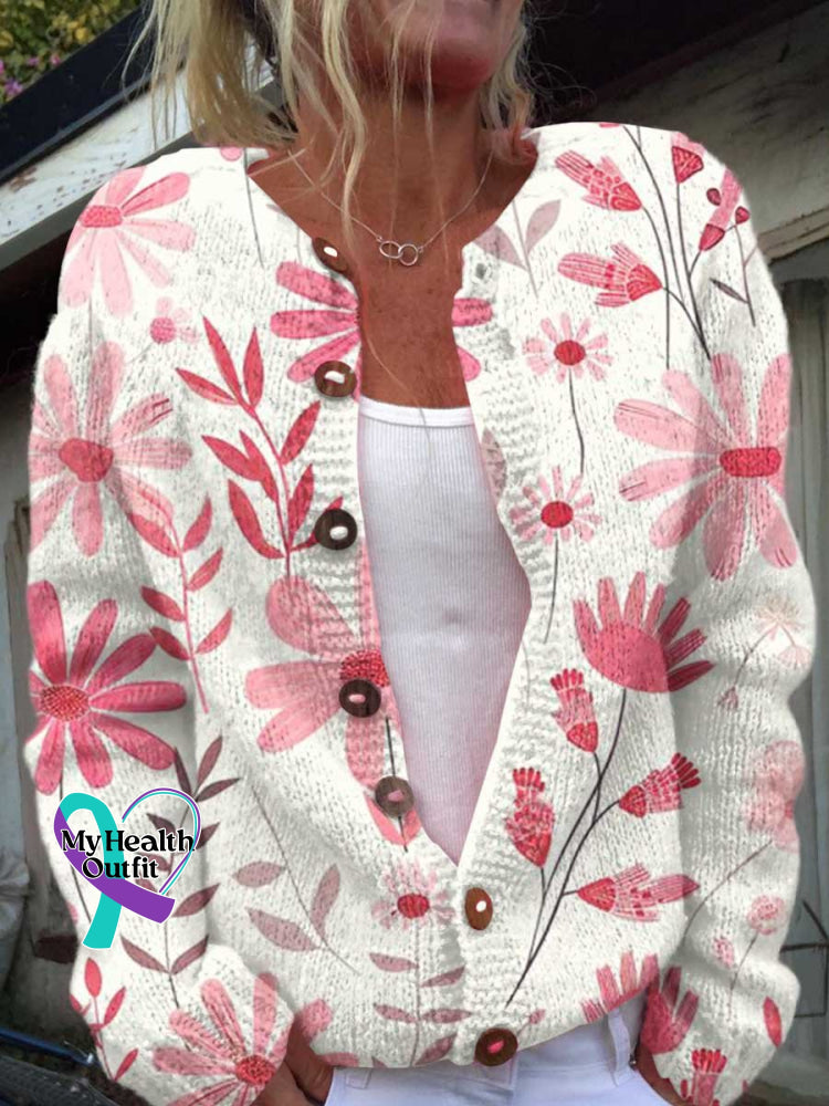 ❤️Warm Gift❤️Women’s Pink Breast Cancer Awareness Flowers Print Buttoned Cardigan Sweater