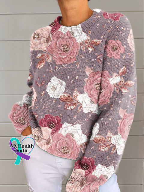 ❤️Warm Gift❤️Women’s Pink Breast Cancer Awareness Flowers Print Buttoned Cardigan Sweater