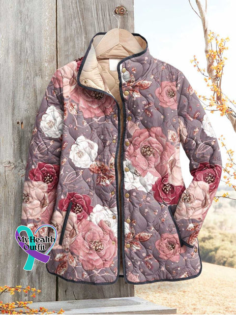 Women’s Pink Breast Cancer Awareness Flowers Casual Quilted Cardigan Multicolor / S