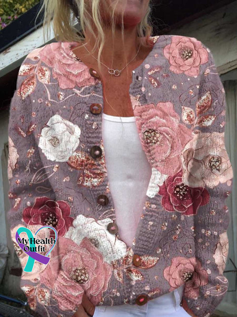 ❤️Warm Gift❤️Women’s Pink Breast Cancer Awareness Flowers Print Buttoned Cardigan Sweater