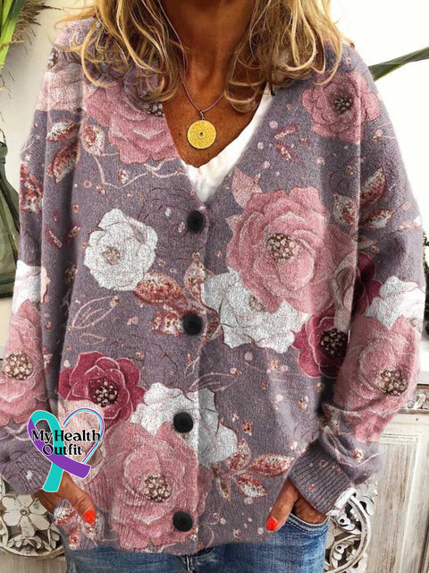 ❤️Warm Gift❤️Women’s Pink Breast Cancer Awareness Flowers Print Buttoned Cardigan Sweater