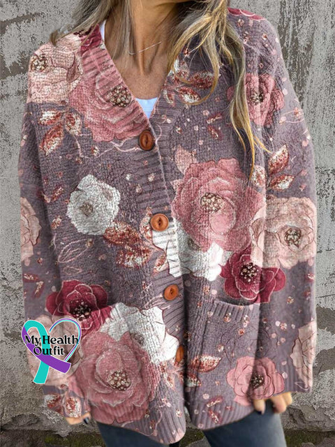 ❤️Warm Gift❤️Women’s Pink Breast Cancer Awareness Flowers Print Buttoned Cardigan Sweater