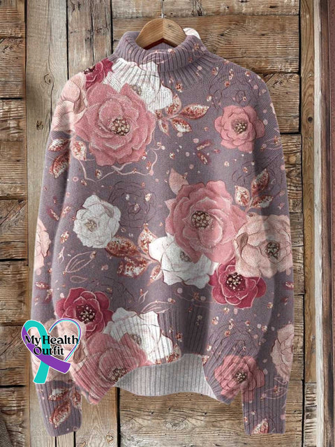 ❤️Warm Gift❤️Women’s Pink Breast Cancer Awareness Flowers Print Knit Turtleneck Pullover