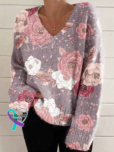 ❤️Warm Gift❤️Women’s Pink Breast Cancer Awareness Flowers Casual V-Neck Pullover Knit Multicolor / M