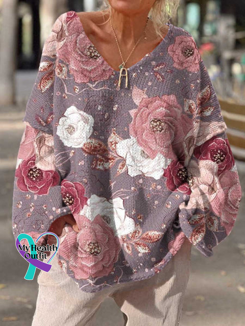 ❤️Warm Gift❤️Women’s Pink Breast Cancer Awareness Flowers Print Buttoned Cardigan Sweater