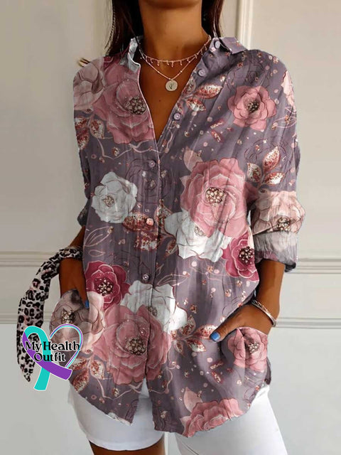 ❤️Warm Gift❤️Women’s Pink Breast Cancer Awareness Flowers Print Casual Cotton Shirt Multicolor / S
