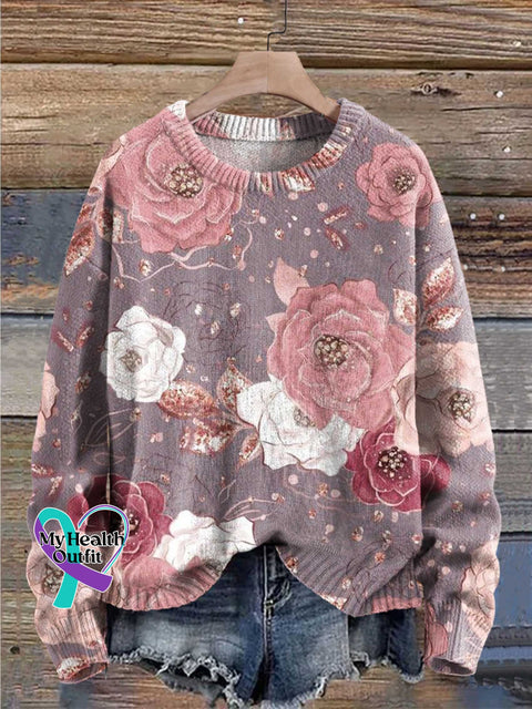 ❤️Warm Gift❤️Women’s Pink Breast Cancer Awareness Flowers Print Knit Pullover Sweater Multicolor / S