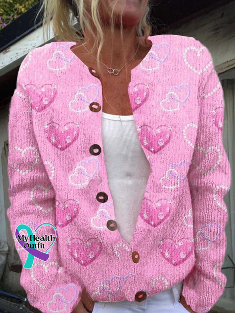 ❤️Warm Gift❤️Women’s Pink Breast Cancer Awareness Print Buttoned Cardigan Sweater Multicolor / S