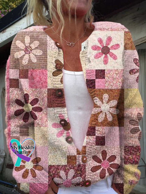 ❤️Warm Gift❤️Women’s Pink Breast Cancer Awareness Print Buttoned Cardigan Sweater Multicolor / S