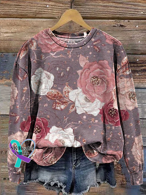 ️Warm Gift️women’s Pink Breast Cancer Awareness Flowers Casual Sweatshirt One / S