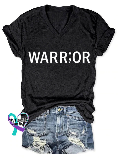 Warrior Cancer Awareness Art Print V-Neck Casual T-Shirt Black / S