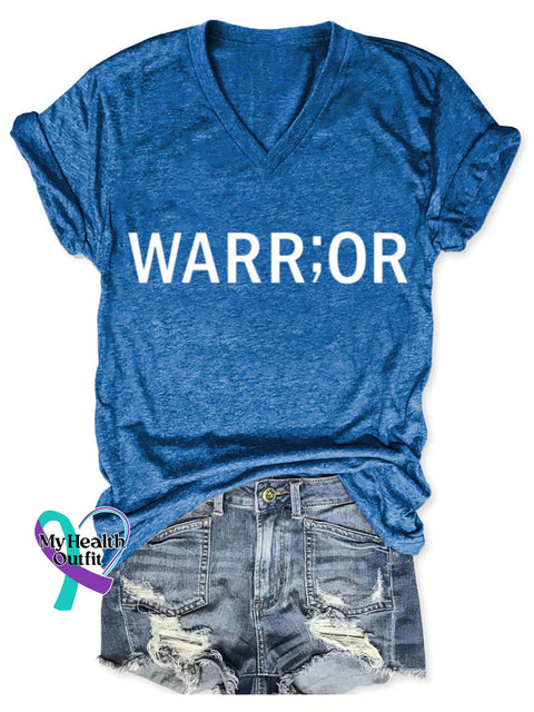 Warrior Cancer Awareness Art Print V-Neck Casual T-Shirt Blue / S