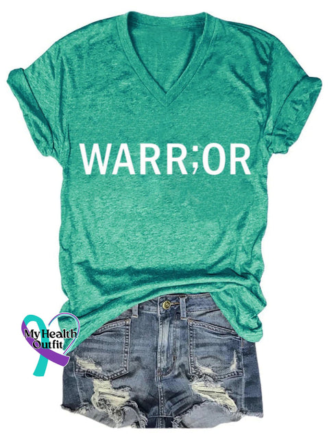 Warrior Cancer Awareness Art Print V-Neck Casual T-Shirt Green / S
