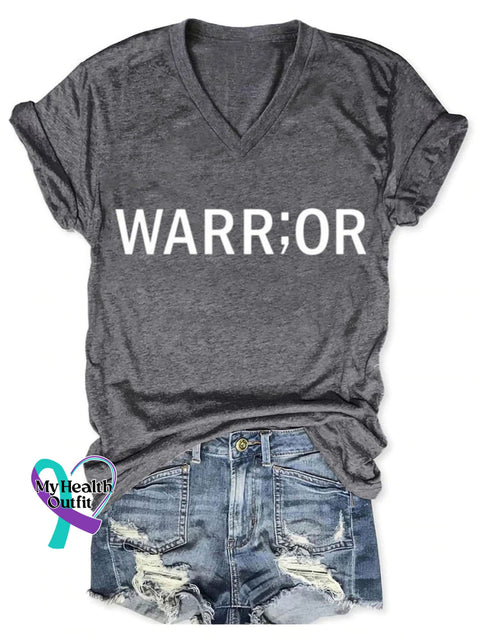 Warrior Cancer Awareness Art Print V-Neck Casual T-Shirt Grey / S