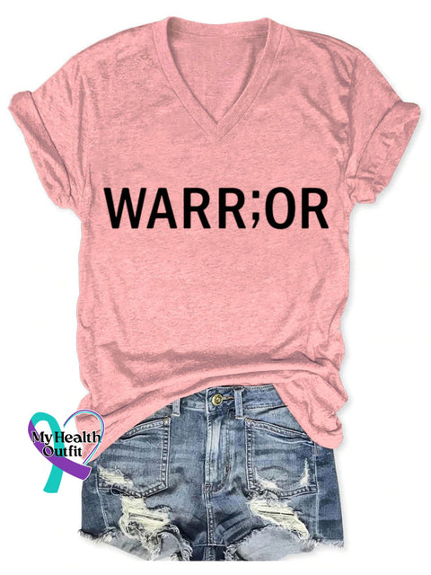 Warrior Cancer Awareness Art Print V-Neck Casual T-Shirt Pink / S
