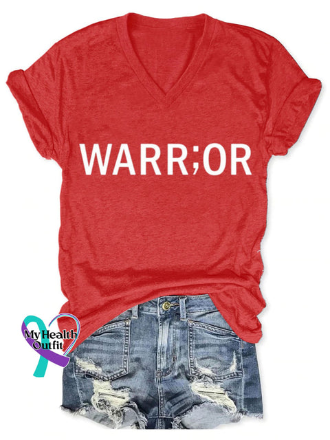 Warrior Cancer Awareness Art Print V-Neck Casual T-Shirt Red / S