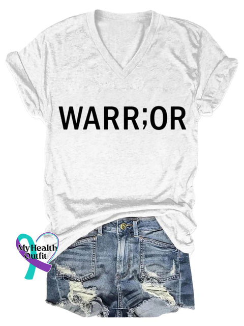 Warrior Cancer Awareness Art Print V-Neck Casual T-Shirt White / S