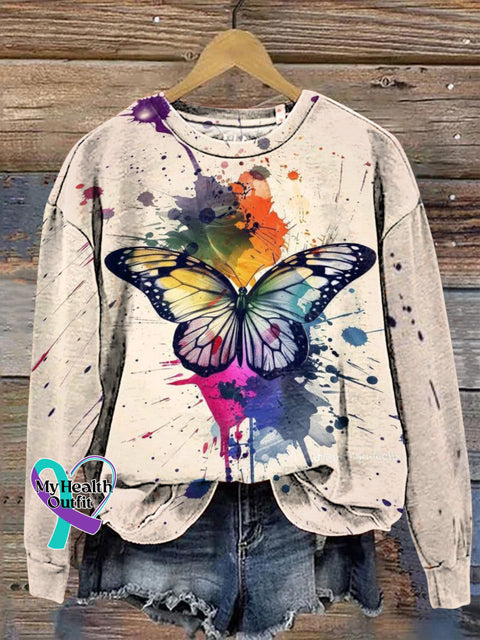 Watercolor Splash Butterfly Print Casual Sweatshirt Multicolor / S
