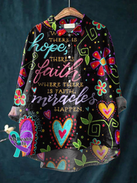 Where There Is Hope Faith Miracles Happen Floral Art Print Casual Cotton And Linen Shirt Multicolor
