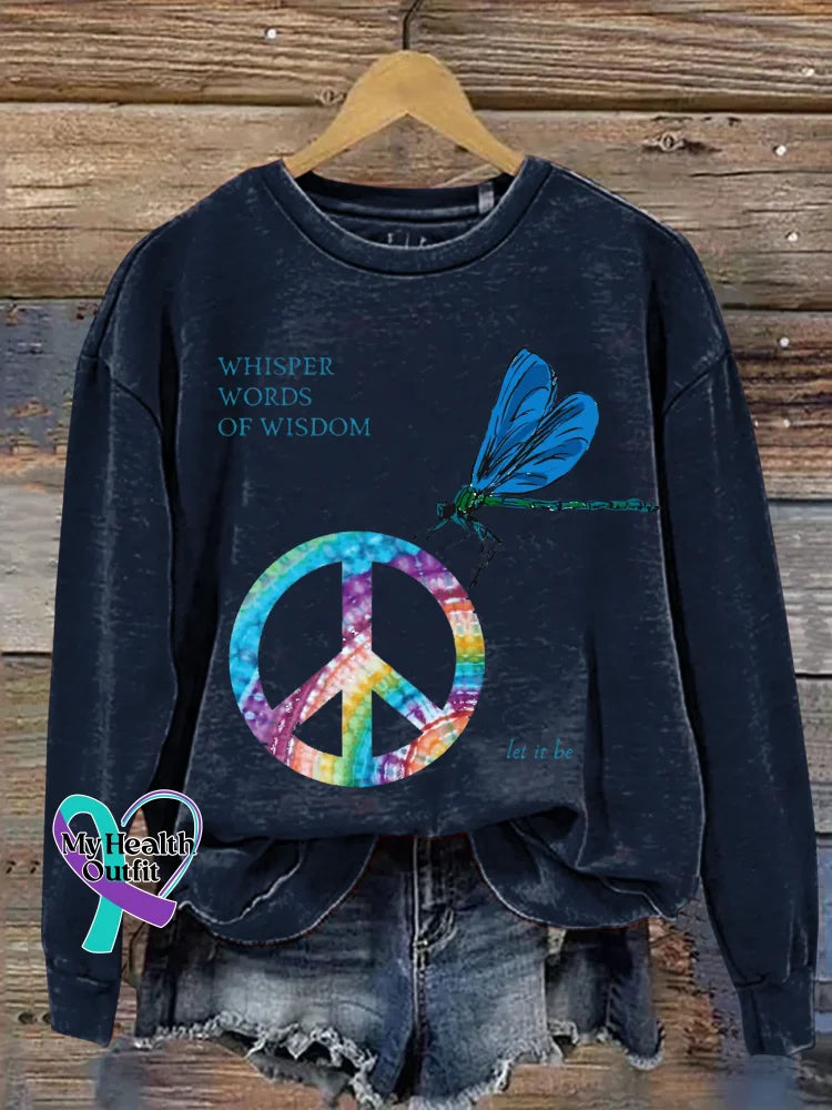 Whisper Words Of Wisdom Let It Be Dragonfly Peace Sign Print Casual Sweatshirt Blue / S