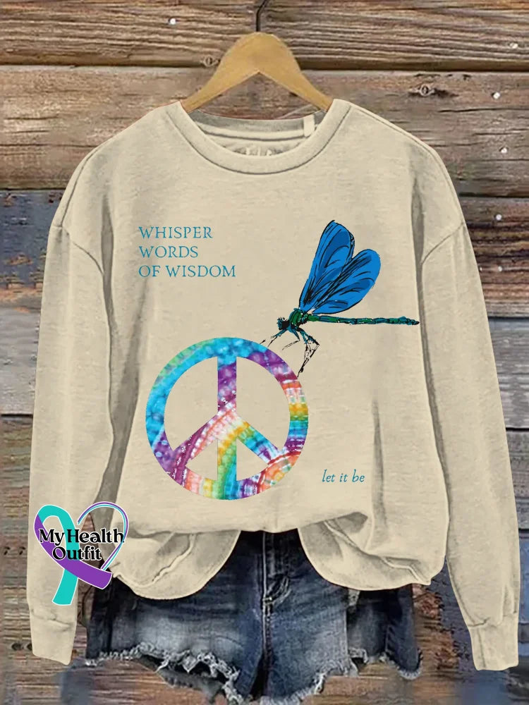 Whisper Words Of Wisdom Let It Be Dragonfly Peace Sign Print Casual Sweatshirt Khaki / S