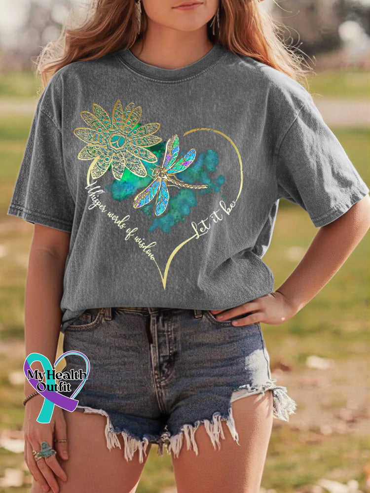 Whisper Words of Wisdom Let It Be Dragonfly Retro Distressed Washed Cotton T-shirt Grey / S