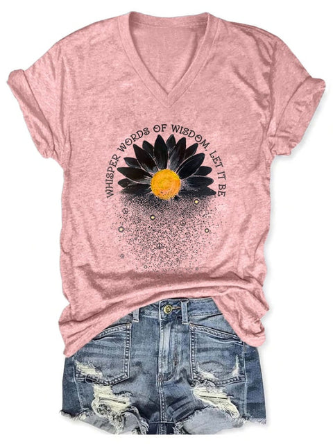 Whisper Words Of Wisdom Let It Be Print V-Neck T-Shirt Pink / S