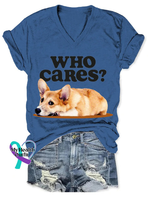 Who Cares Cute Dog Art Print V-Neck T-Shirt Blue / S