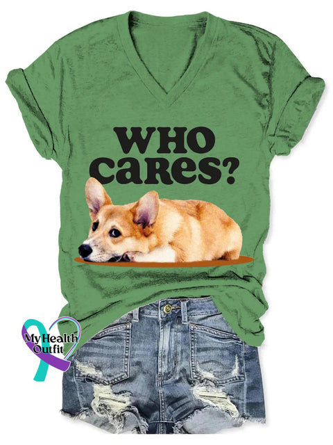 Who Cares Cute Dog Art Print V-Neck T-Shirt Green / S