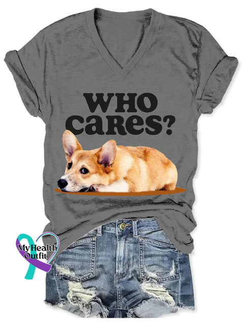 Who Cares Cute Dog Art Print V-Neck T-Shirt Grey / S