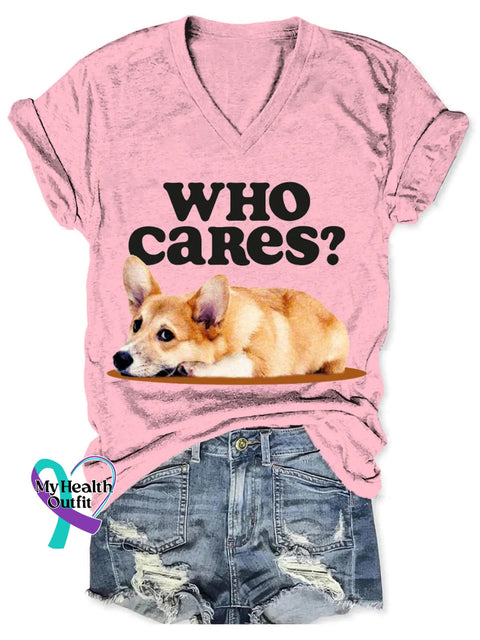 Who Cares Cute Dog Art Print V-Neck T-Shirt Pink / S