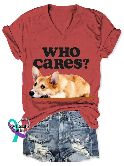 Who Cares Cute Dog Art Print V-Neck T-Shirt Red / S