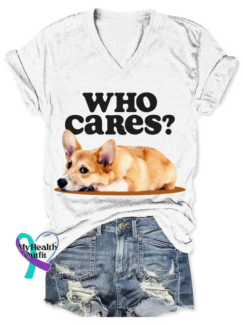 Who Cares Cute Dog Art Print V-Neck T-Shirt White / S