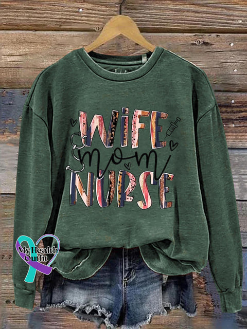 Wife Mom Nurse Art Print Pattern Casual Sweatshirt Green / S
