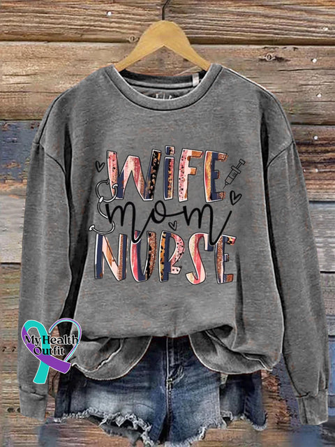 Wife Mom Nurse Art Print Pattern Casual Sweatshirt Grey / S