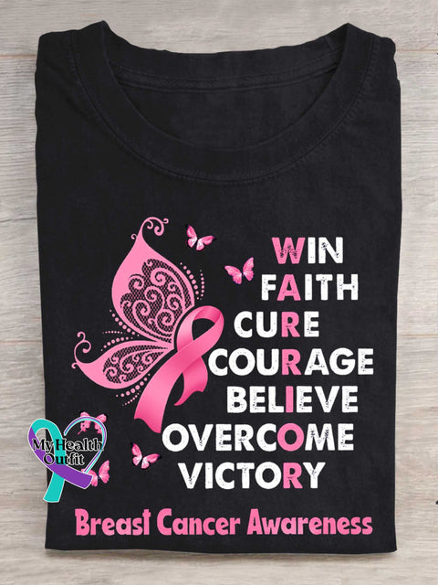WIN FAITH CURE COURAGE BELIEVE OVERCOME VICTORY Breast Cancer Awareness T-shirt Black / S