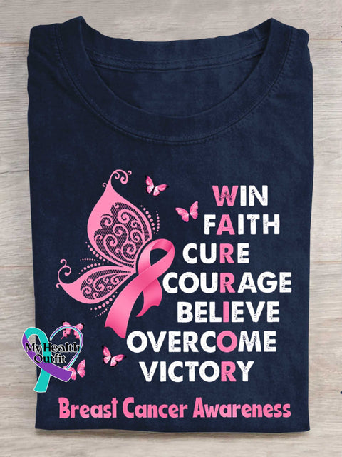 WIN FAITH CURE COURAGE BELIEVE OVERCOME VICTORY Breast Cancer Awareness T-shirt Blue / S