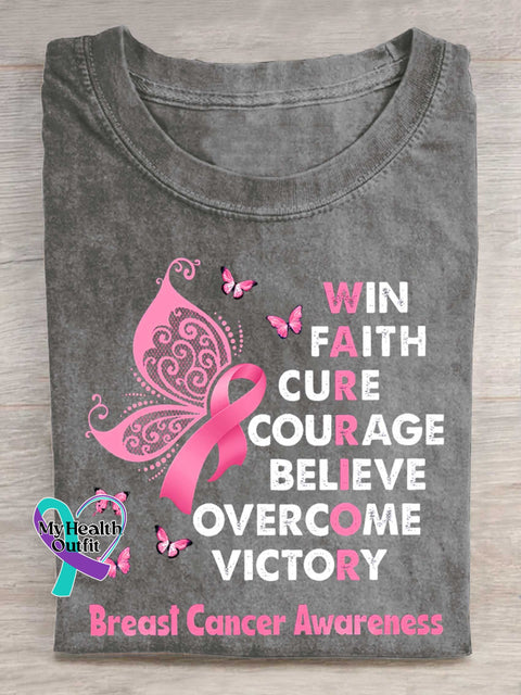 WIN FAITH CURE COURAGE BELIEVE OVERCOME VICTORY Breast Cancer Awareness T-shirt Grey / S